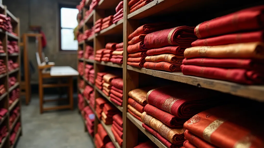 Étagères en bois avec des saris de soie pliés dans un atelier textile indien