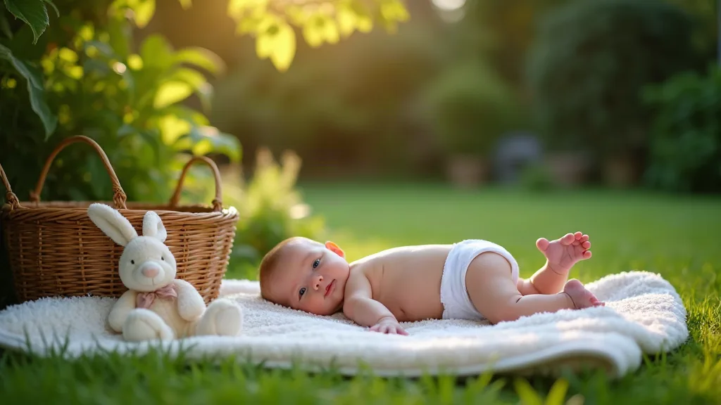 Bébé allongé sur une couverture dans un jardin le matin, entouré de ses affaires d'éveil
