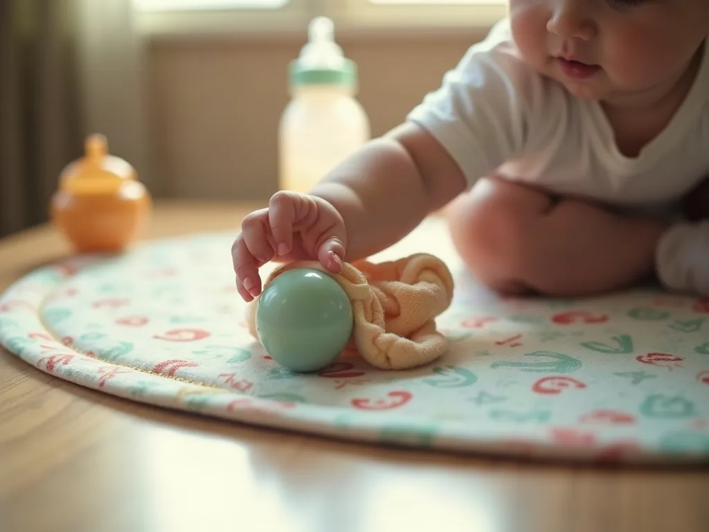 Main de bébé attrapant un jouet en tissu sur un tapis d'éveil l'après-midi