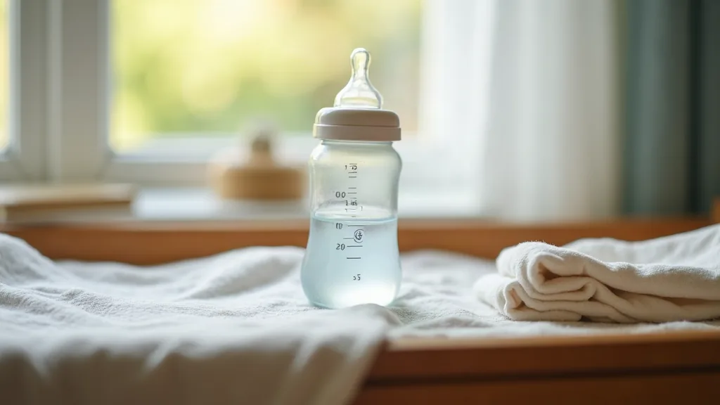 Biberon de bébé avec un lange posé à côté sur une table à langer
