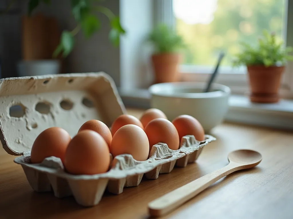 Boîte d'œufs frais posée sur un plan de travail de cuisine