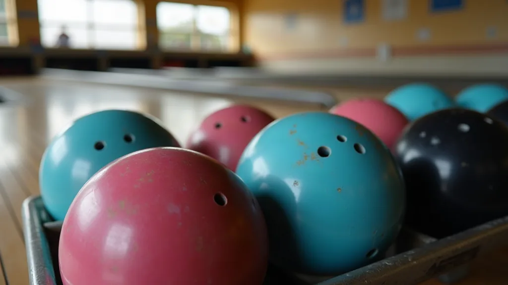 Rack de boules de bowling de différents poids dans une salle de bowling