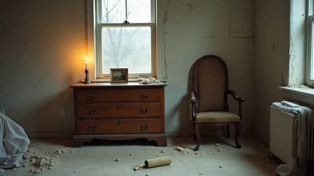 Table de chevet ancienne avec photo encadrée et bougie dans une chambre en travaux
