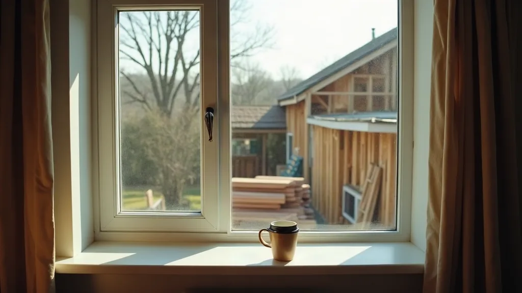 Vue depuis l'intérieur d'une maison vers un chantier de rénovation le matin