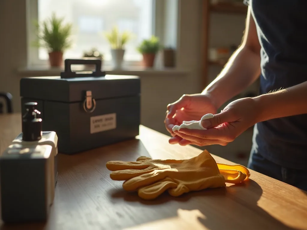 Application de crème hydratante sur la main près d'une boîte à outils