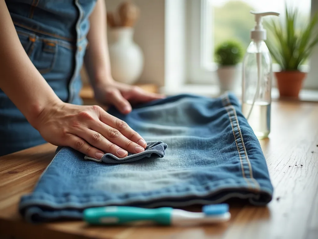 Détachage d'une tache de vernis sur un jean avec du liquide vaisselle et une brosse à dents