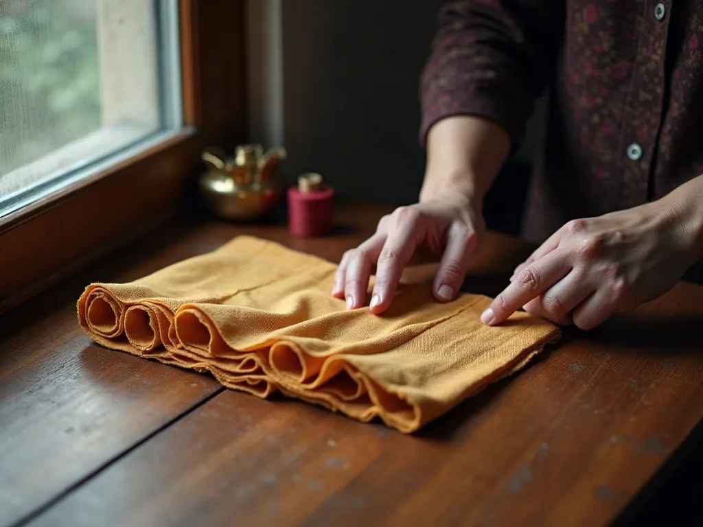 Mains pliant les plis d'un sari en coton sur une table en bois