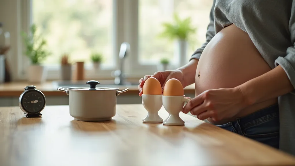 Femme enceinte préparant un œuf dans sa cuisine l'après-midi