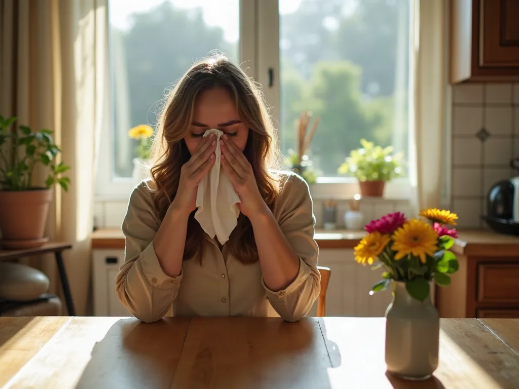 Femme assise près d'une fenêtre le matin avec un mouchoir en main