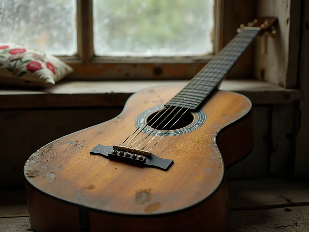 Guitare ancienne posée contre une fenêtre, symbole du jazz manouche et des prénoms gitans