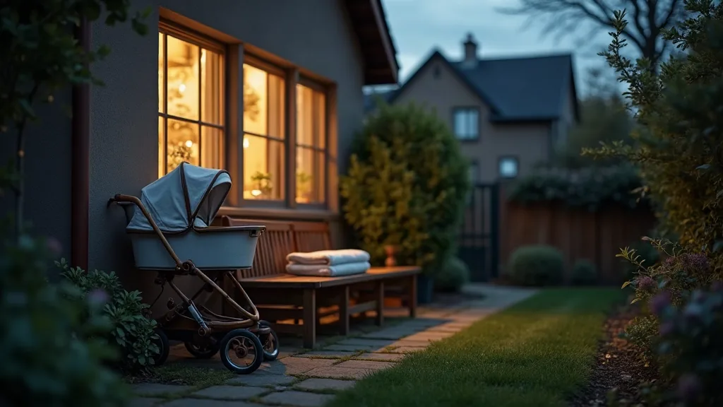 Jardin calme au crépuscule avec une poussette et une couverture pour bébé