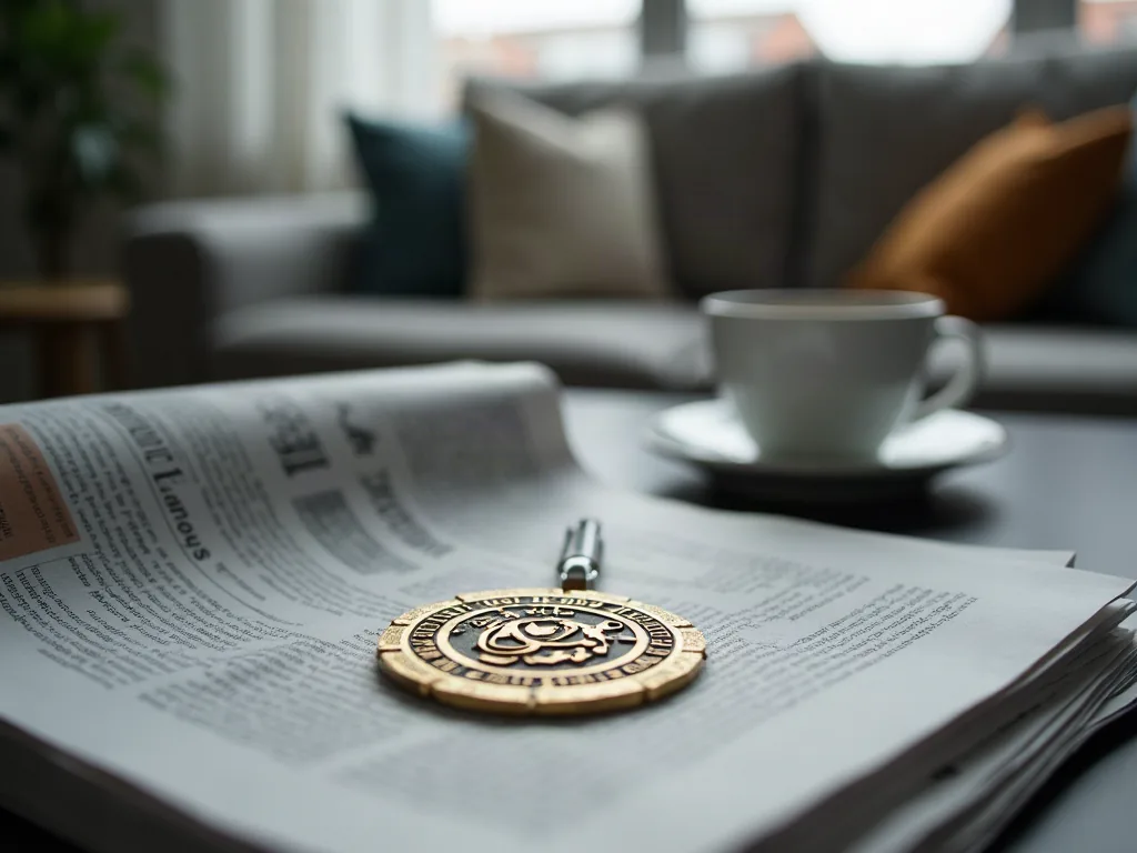 Journaux et badge de presse posés sur une table basse dans un salon