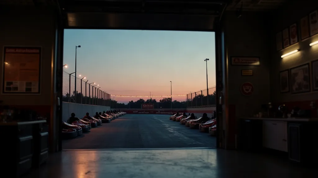 Vue depuis un stand de karting donnant sur une piste extérieure au crépuscule