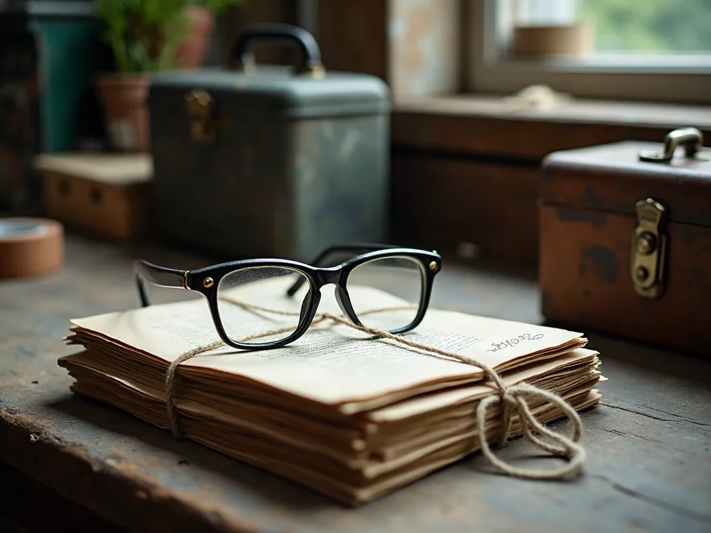 Lunettes de lecture posées sur de vieilles lettres liées avec de la ficelle