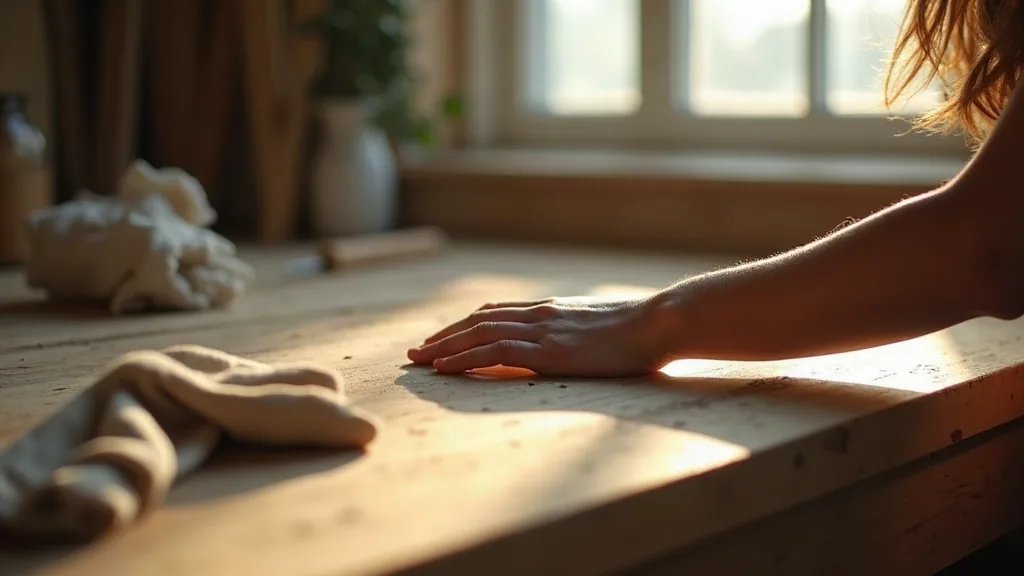 Main posée sur un établi en bois lors de travaux, lumière du matin