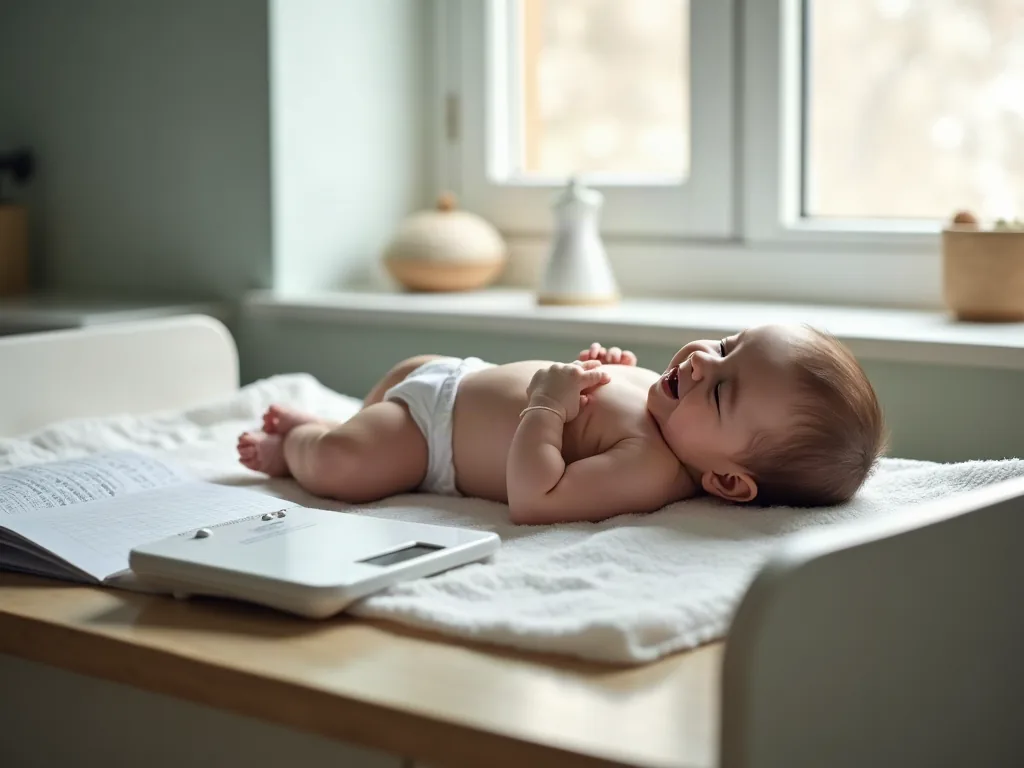 Pesée d'un bébé sur une table à langer avec le carnet de santé ouvert à côté