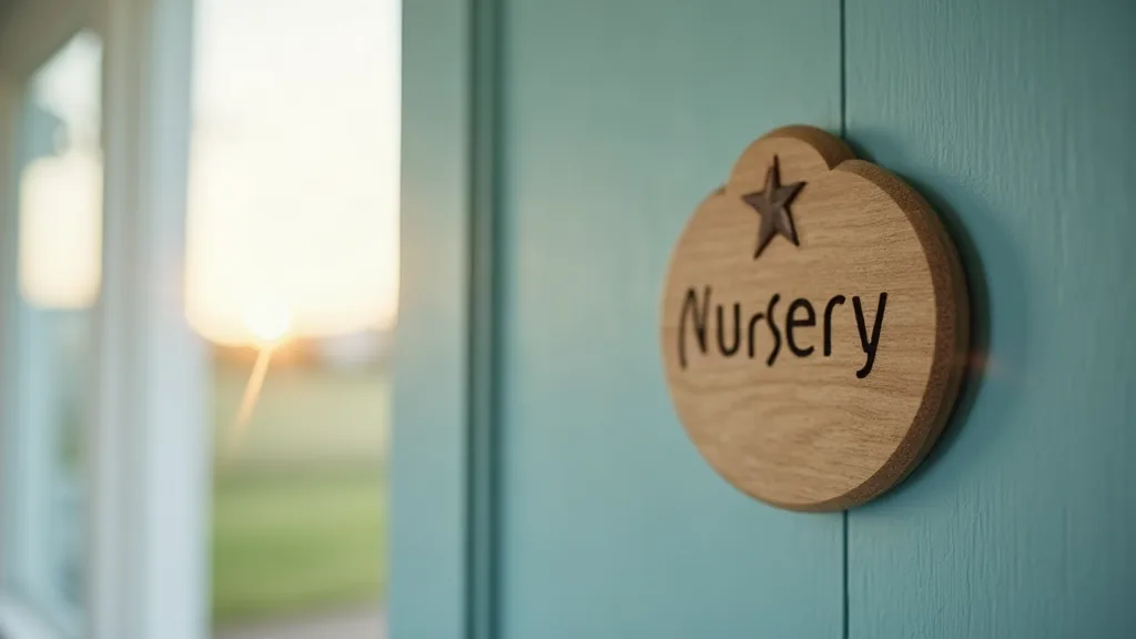 Plaque en bois sculptée sur une porte de chambre de bébé, éclairée par la lumière du matin