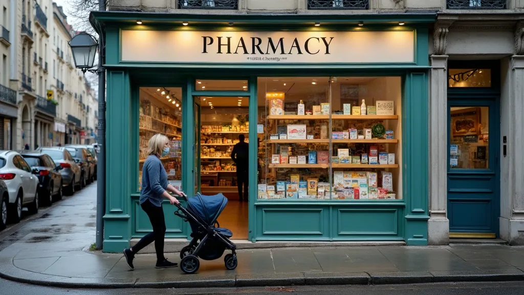 Rue de quartier avec pharmacie et pharmacie sous ciel couvert, ambiance grossesse au quotidien