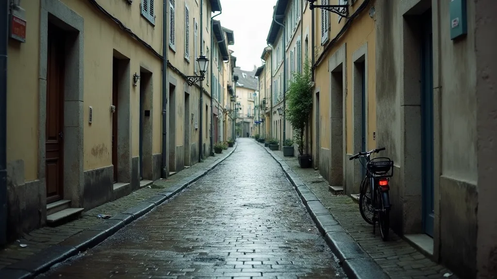 Rue résidentielle calme après la pluie, ambiance apaisée
