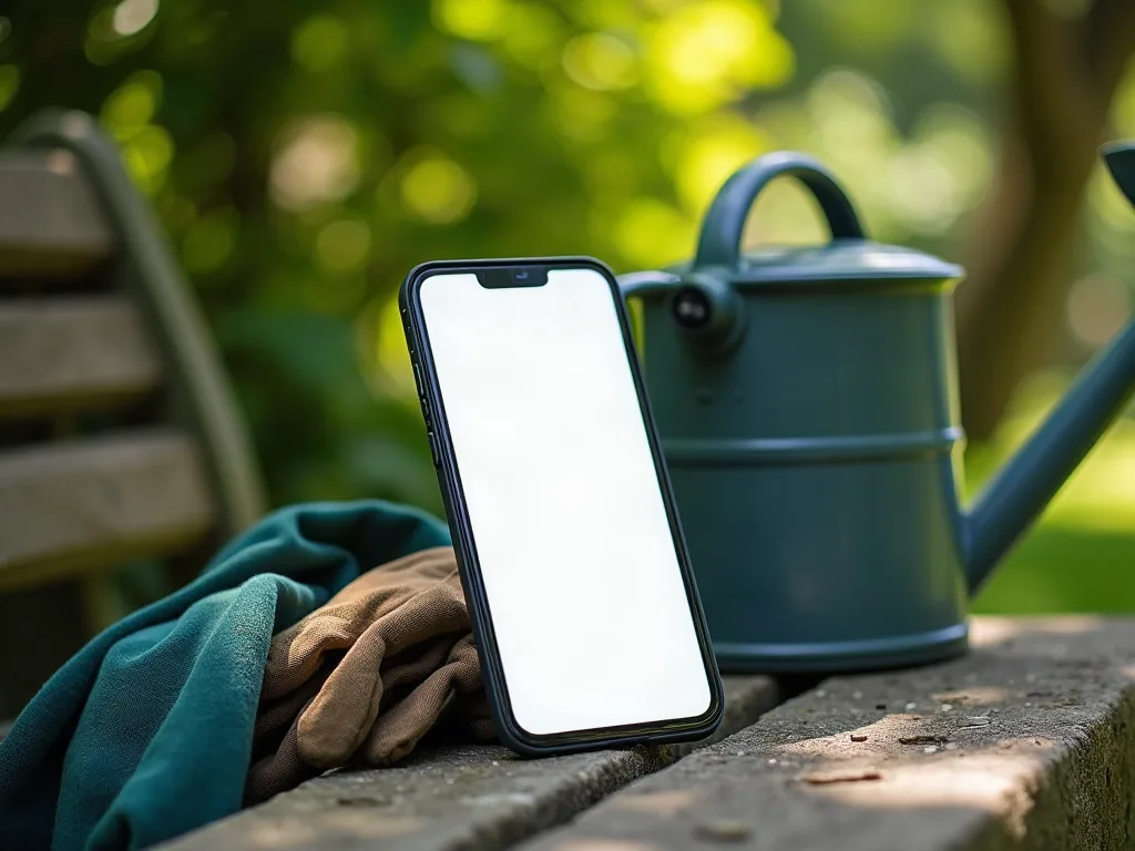 Écran de smartphone allumé posé sur un banc en pierre dans un jardin ensoleillé