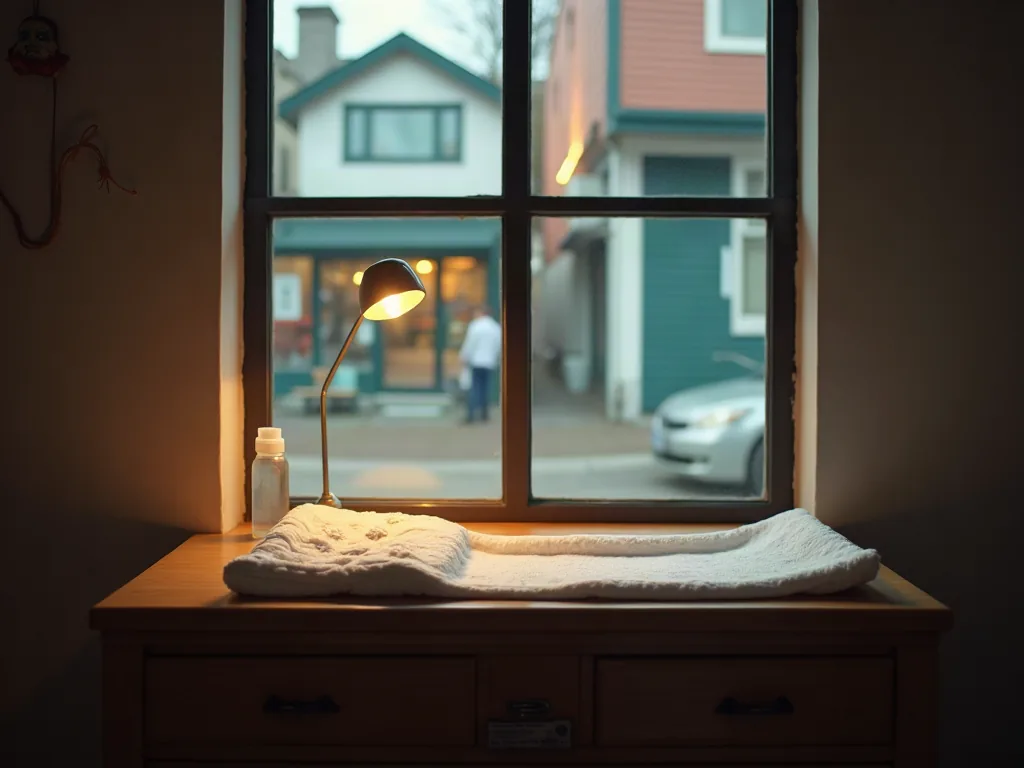 Table à langer avec couche propre et verre d'eau près d'une fenêtre donnant sur un quartier résidentiel