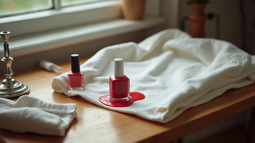 Flacon de vernis à ongles renversé sur un vêtement en coton posé sur une table en bois