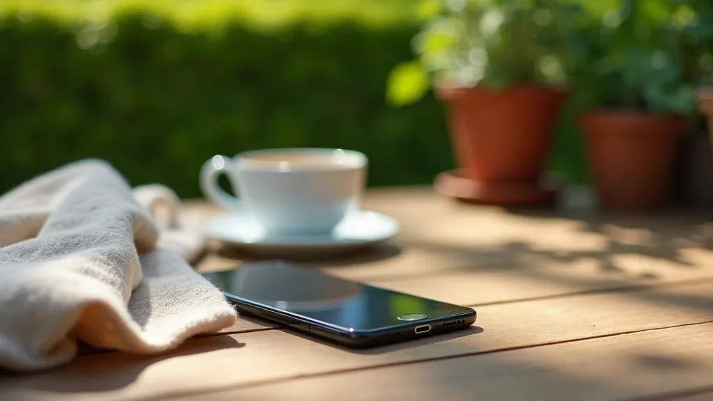 Téléphone portable posé sur une table de jardin en bois, en plein jour
