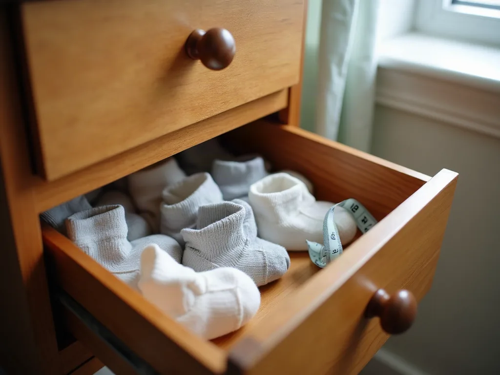 Tiroir de chambre bébé avec des chaussettes rangées par pointure